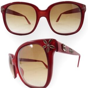 Vintage Emmanuelle Khanh Paris Sunglasses Burgundy w/Hand Carved Flowers, France